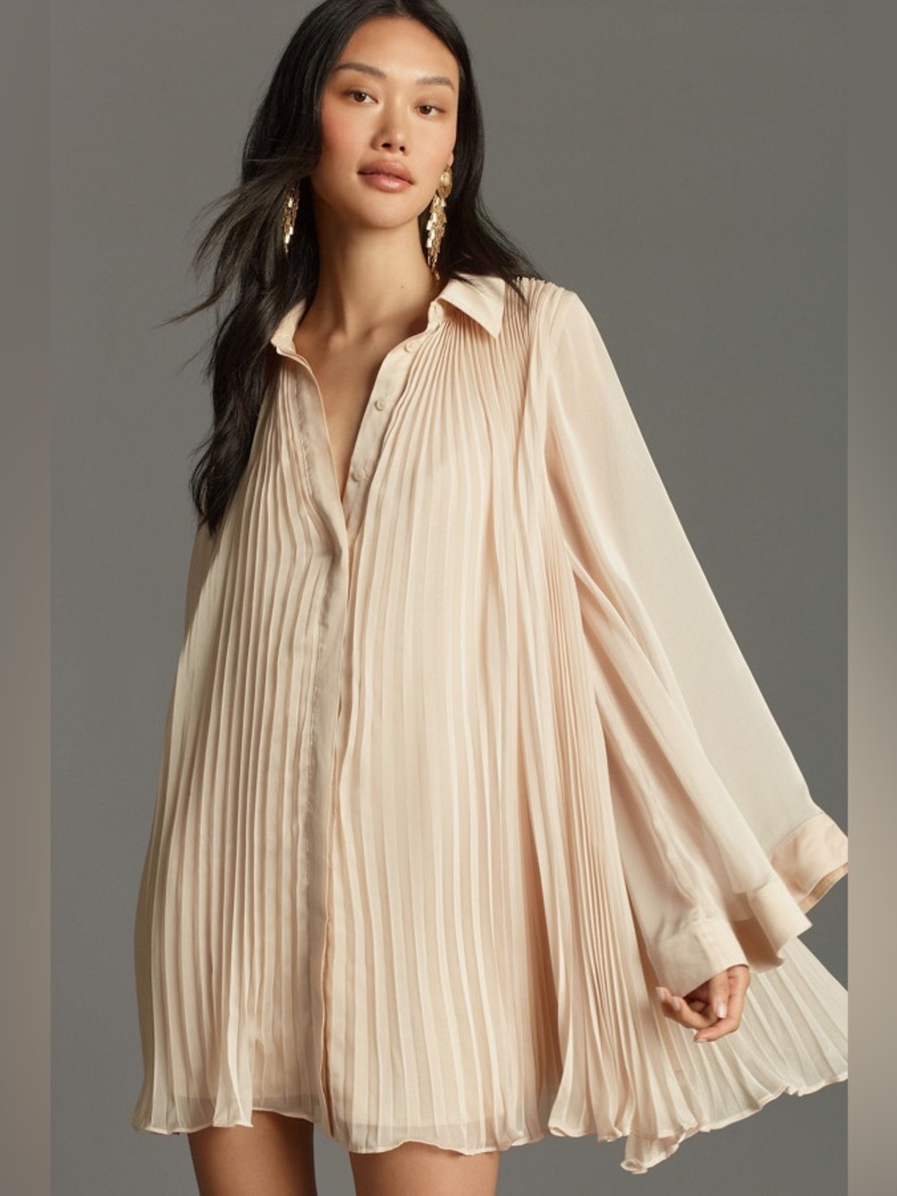Anthropologie Maeve Cream Long-Sleeve Pleated Mini Shirt Dress Tunic
